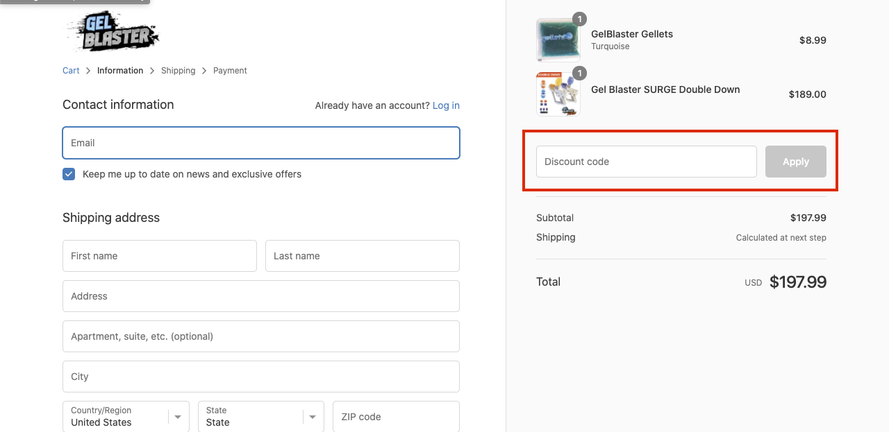 checkout page to apply gelblasters discount codes
