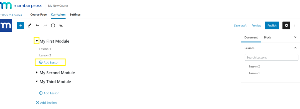 how to add new sections and lessons in memberpress classroom mode
