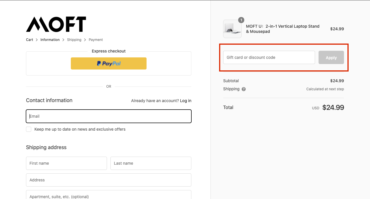 checkout page to apply moft discount codes