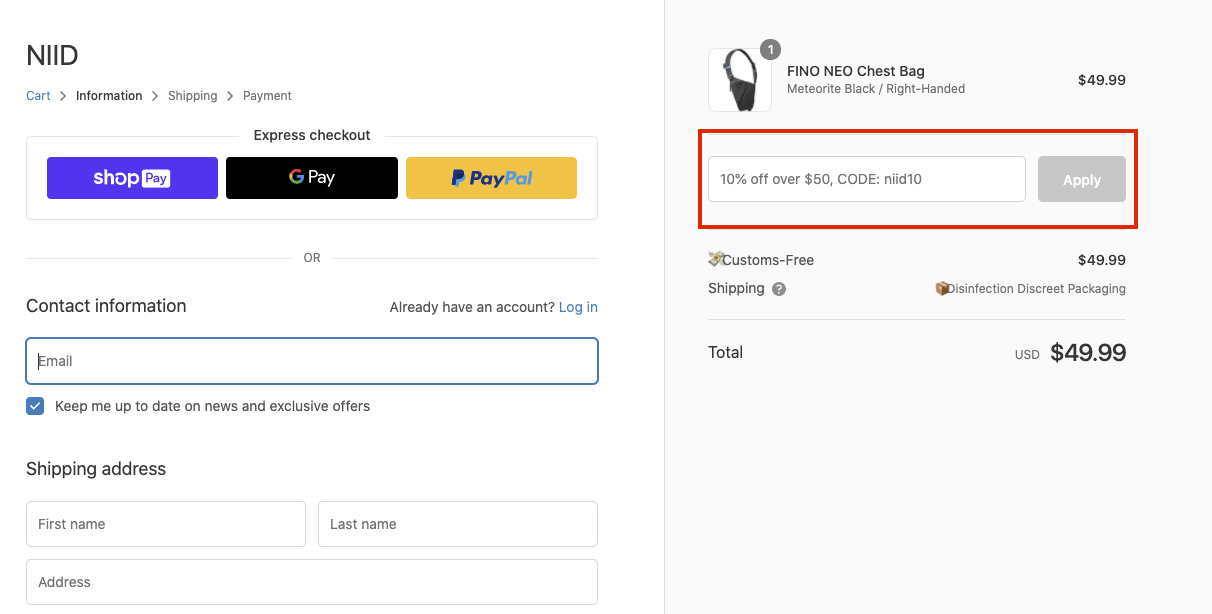 checkout page to apply niid coupon codes