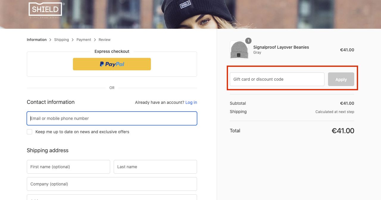 checkout page to apply shield discount codes