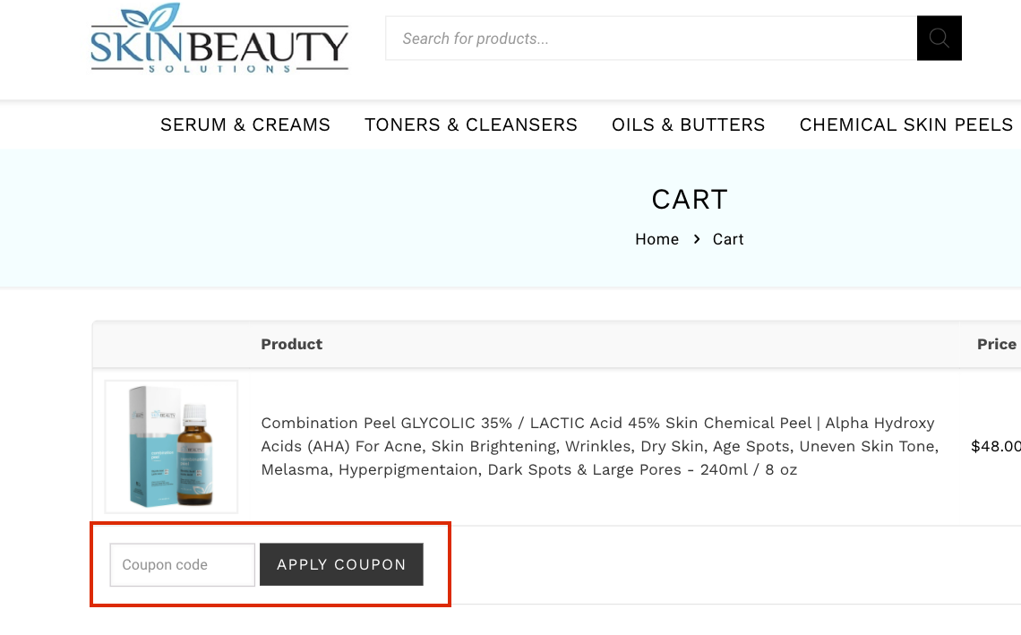 checkout page to apply skin beauty solutions coupon codes