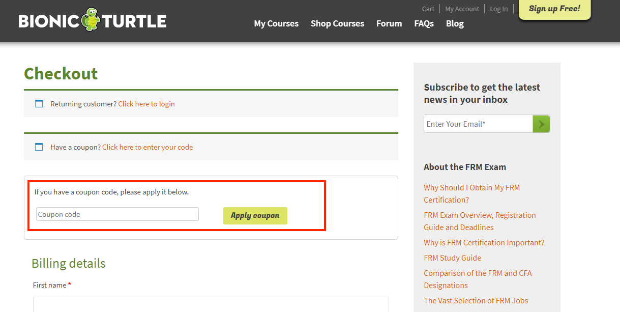 checkout page to apply bionic turtle coupon codes