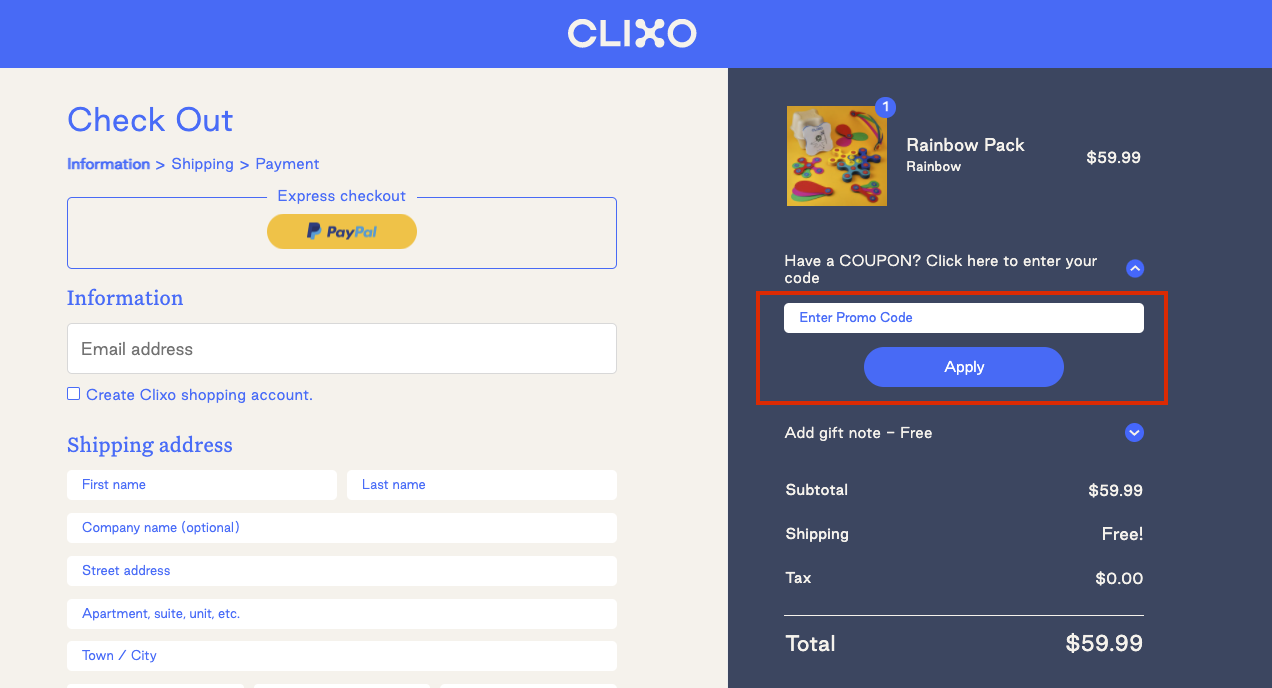 checkout page to apply clixo promo codes