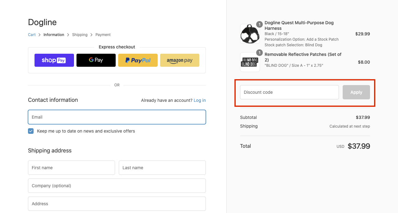 checkout page to apply dogline discount codes