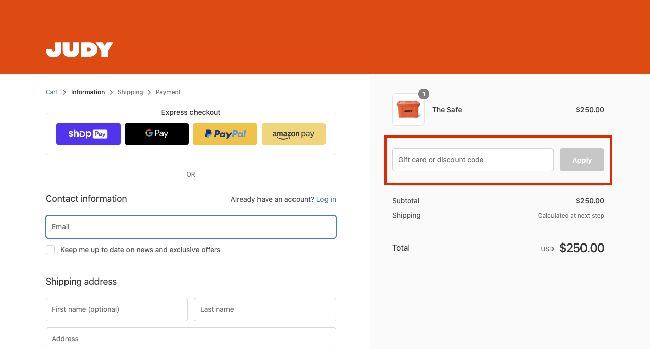 checkout page to apply judy discount codes