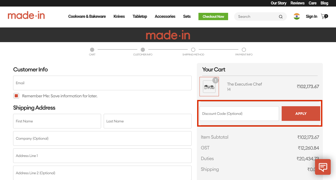 checkout page to apply made in cookware discount codes