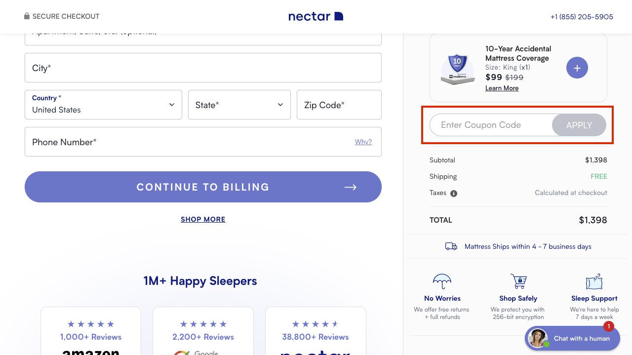 checkout page to apply nectar sleep coupon codes