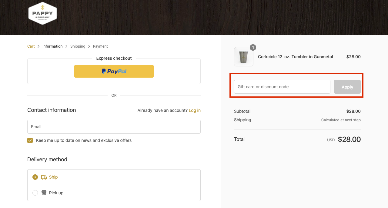 check out page to apply pappy discount codes