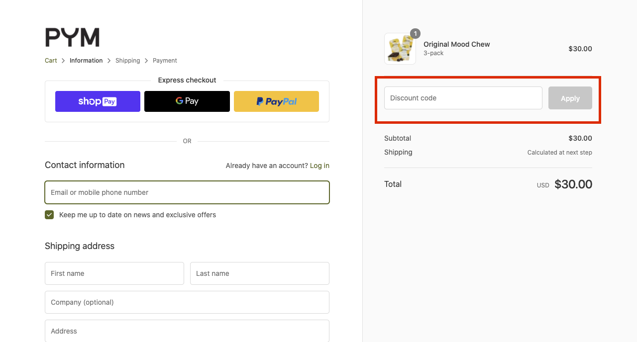 checkout page to apply pym discount codes