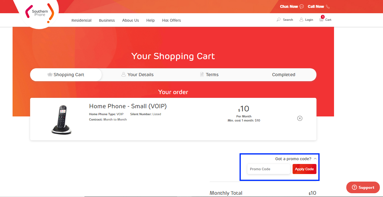 checkout page to apply southern phone promo codes