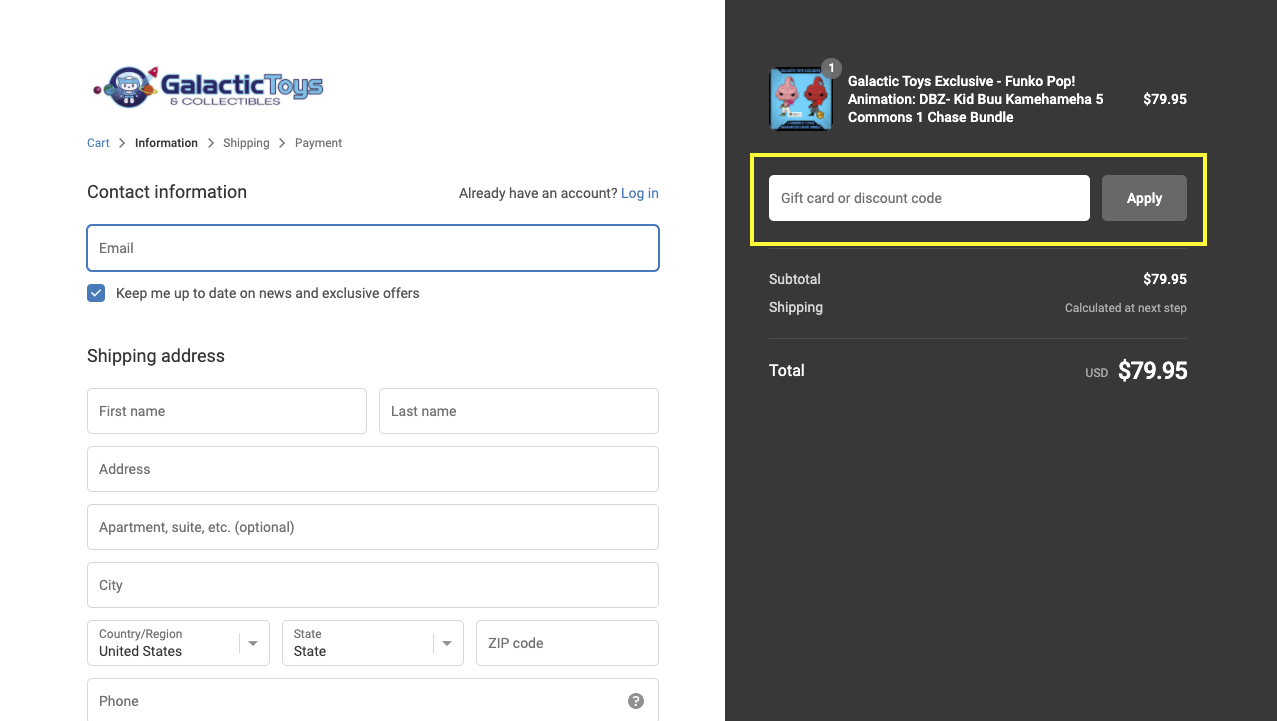 checkout page to apply galactic toys discount codes