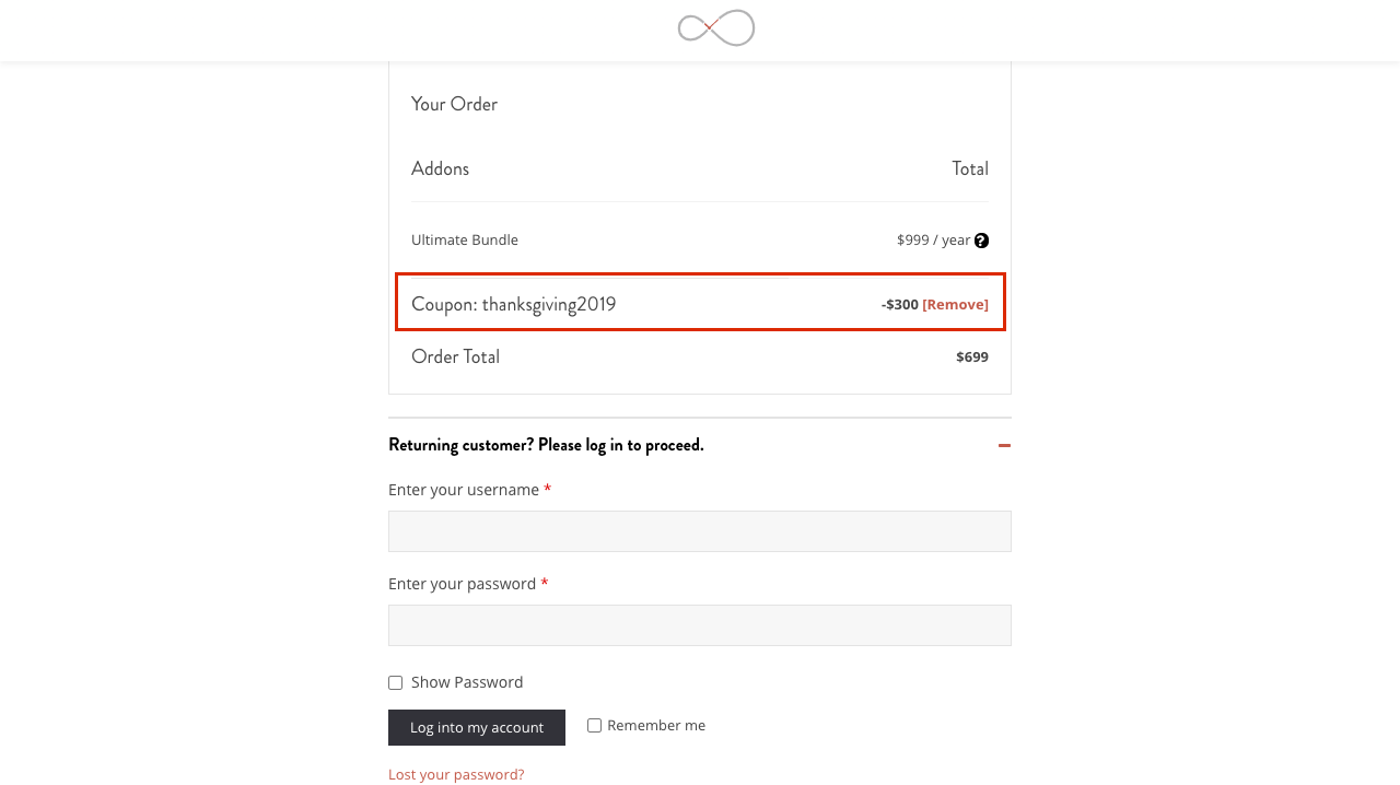 checkout page to apply infinitewp coupon codes