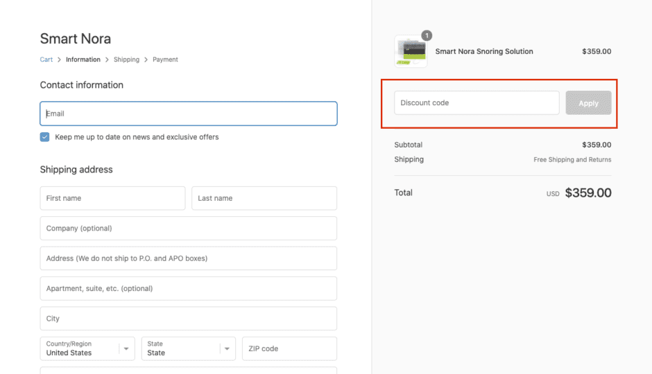 checkout page to apply smart nora discount codes