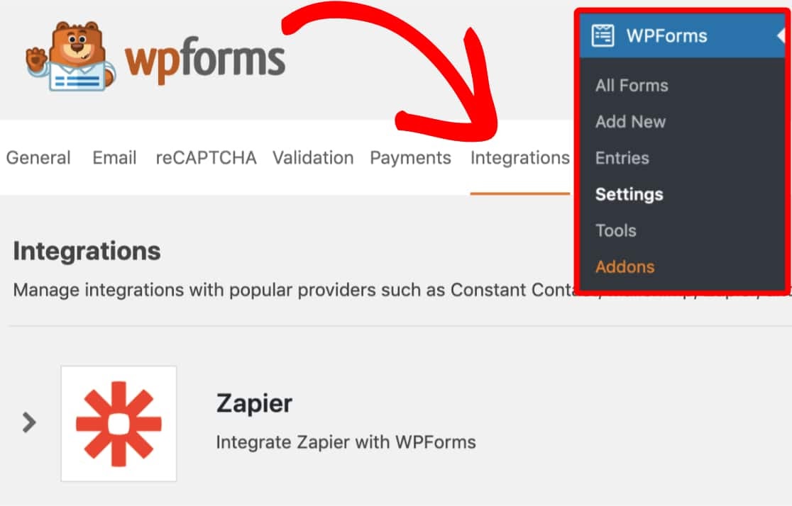 find zapier addon in the wpforms integrations menu