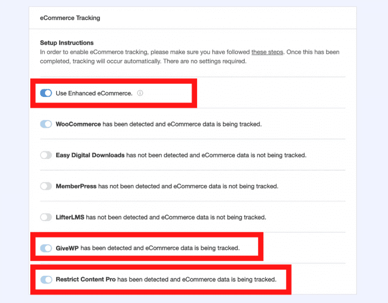 enable ecommerce tracking in monsterinsights to integrate it with givewp and restrict content pro