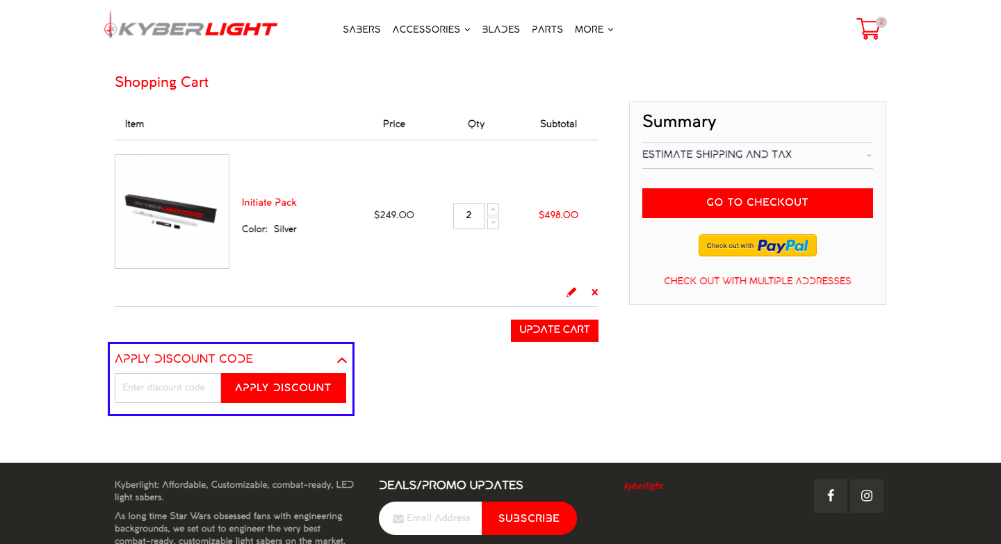 checkout page to apply kyberlight discount codes