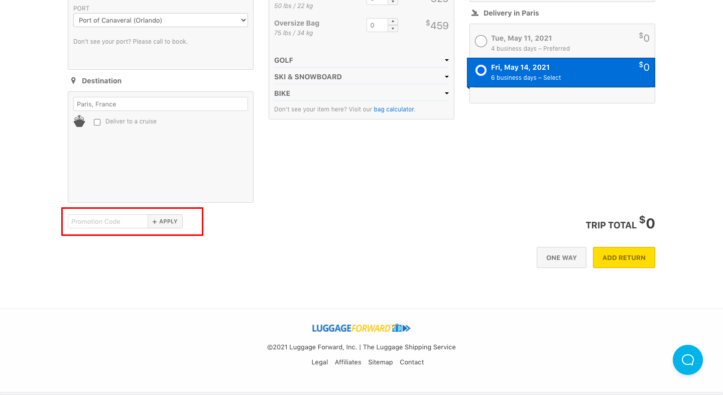 checkout page to apply luggage forward promo codes