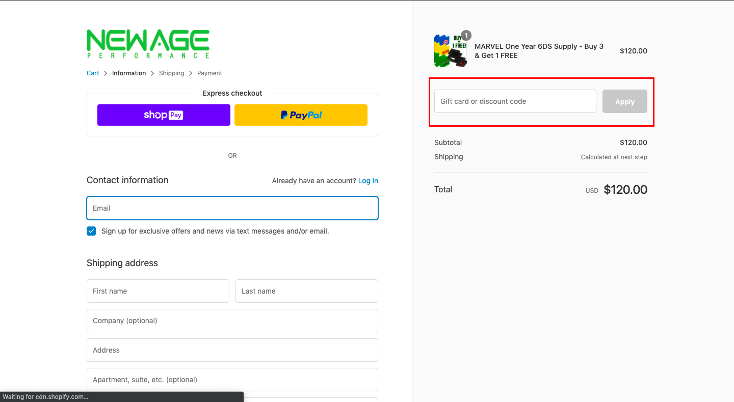 checkout page to apply new age performance discount codes