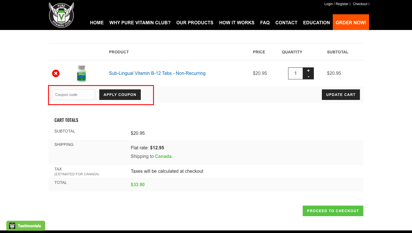 checkout page to apply pure vitamin club coupon codes