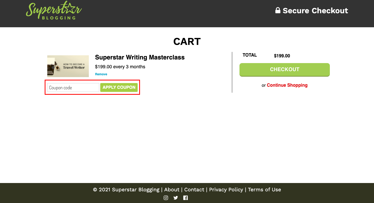checkout page to apply superstar blogging coupon codes