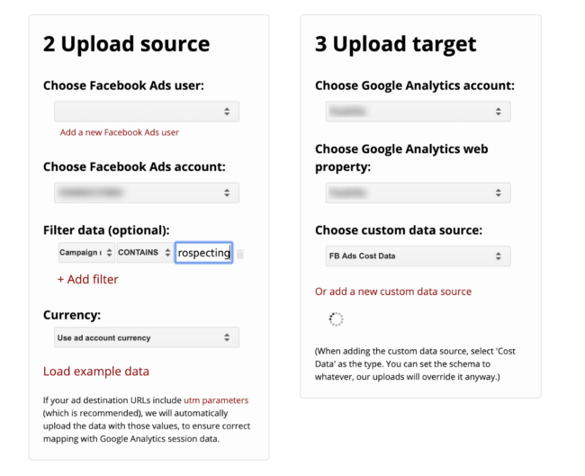 upload source and target for supermetrics tool in uploader