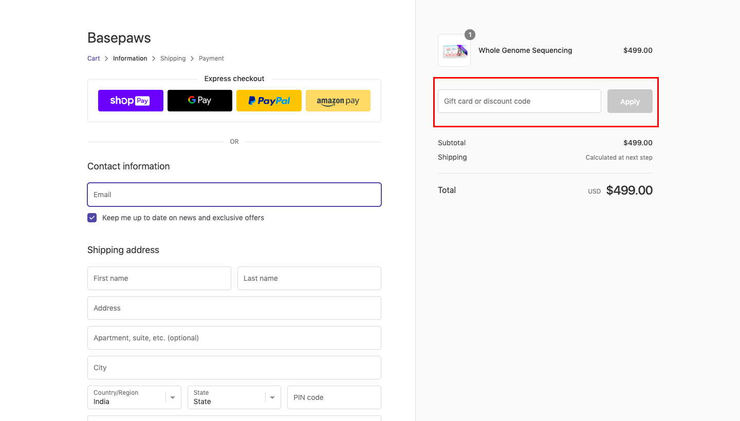 checkout page to apply basepaws discount codes