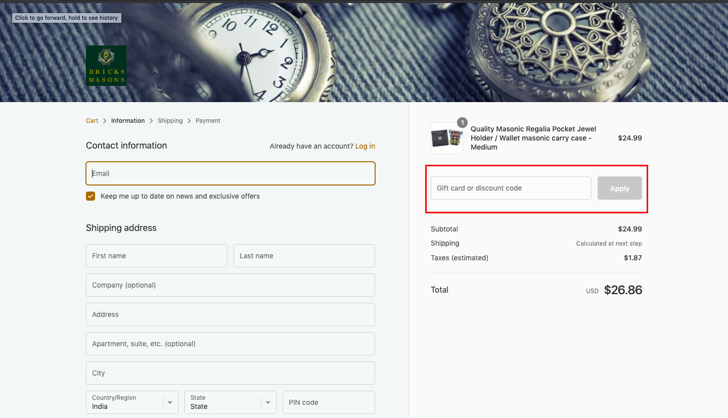 checkout page to apply brick masons discount codes