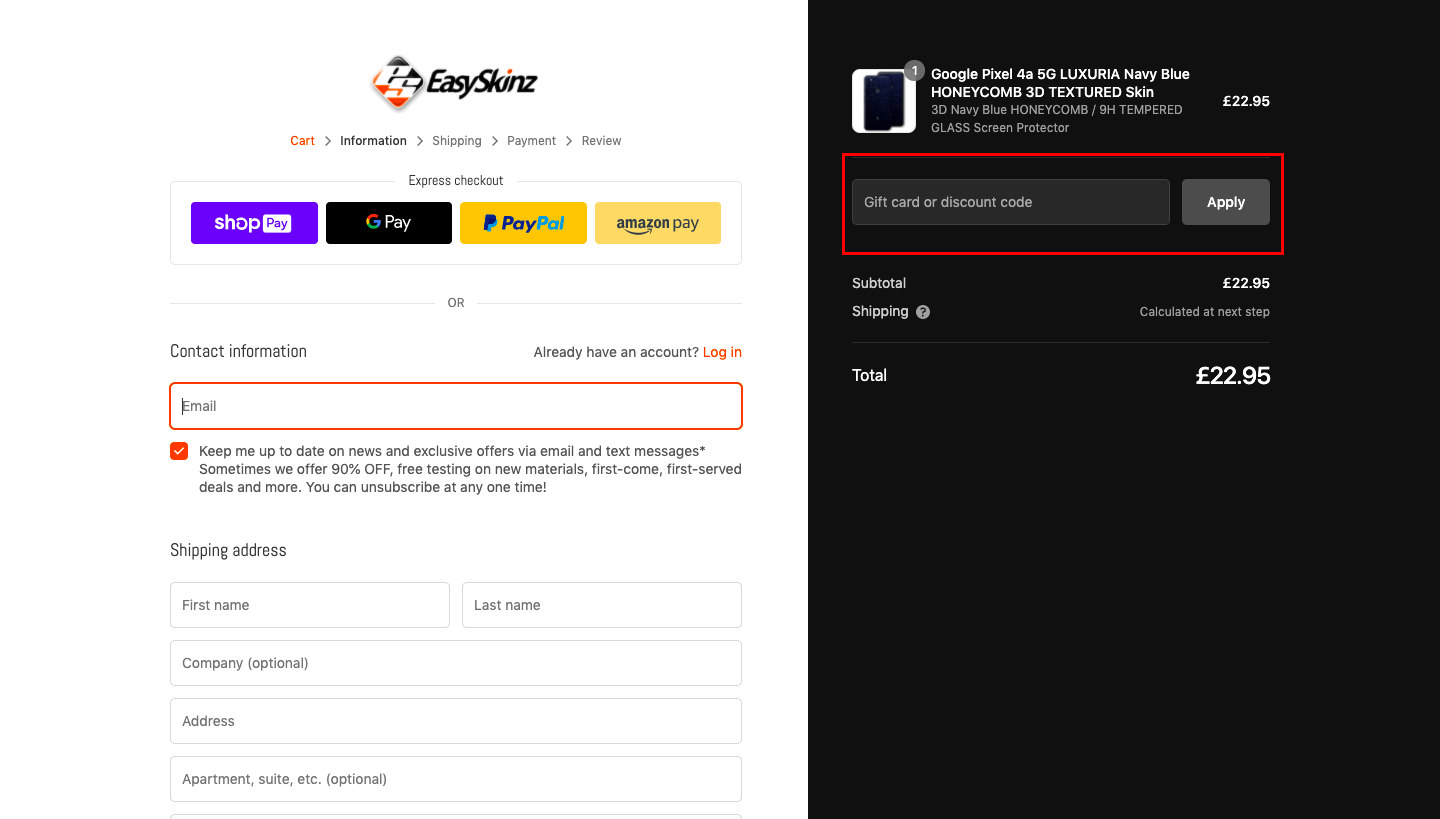 checkout page to apply easyskinz discount codes