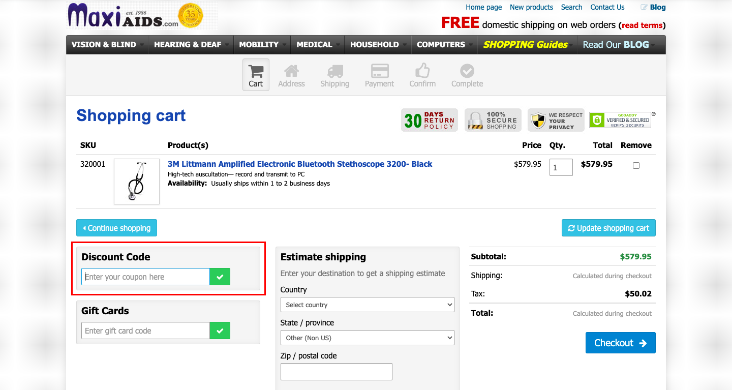 checkout page to apply maxiaids coupon codes