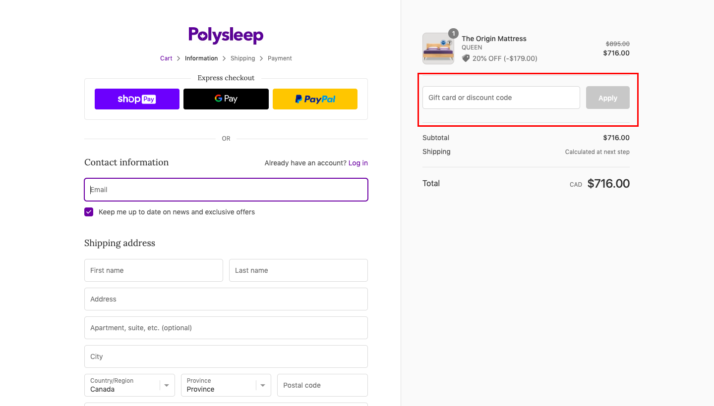 checkout page to apply polysleep discount codes