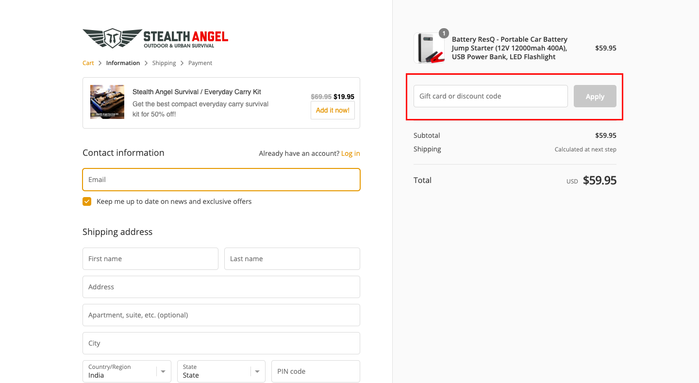 checkout page to apply stealth angel survival discount codes