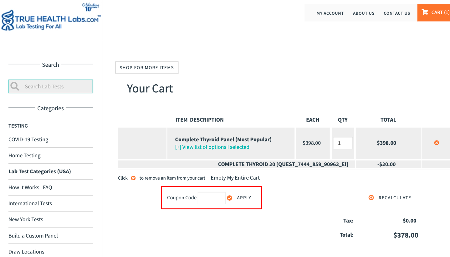 checkout page to apply True Health Labs Coupon Codes