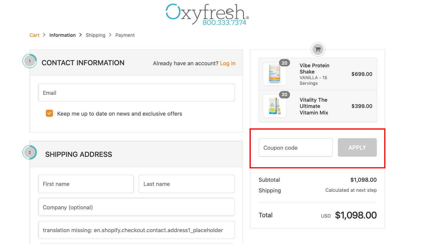 checkout page to apply Oxyfresh Coupon Codes