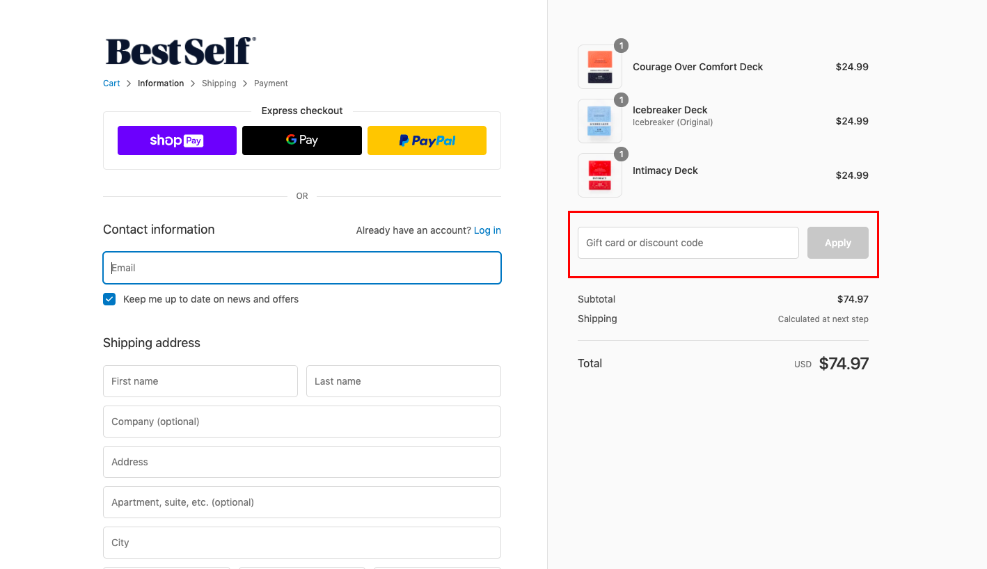 checkout page to apply BestSelf Co Discount Codes