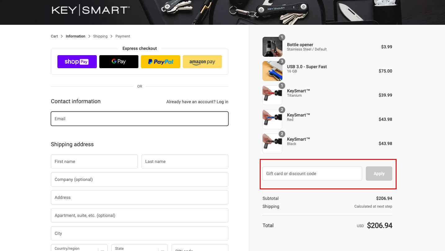 checkout page to apply KeySmart Discount Codes