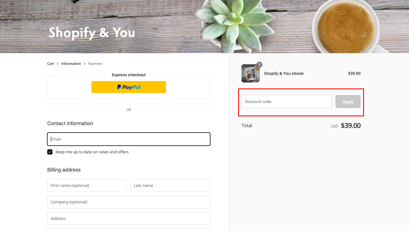 checkout page to apply shopify and you discount codes