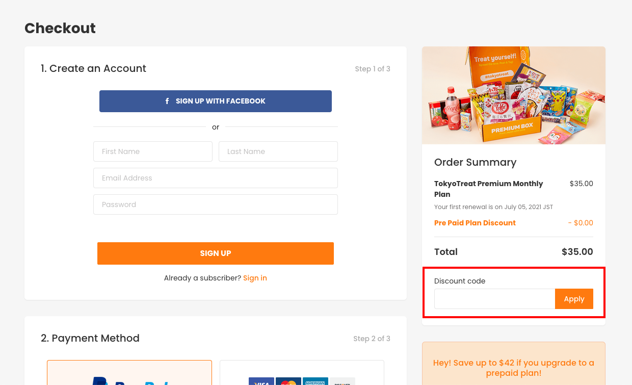 checkout page to apply tokyotreat discount codes