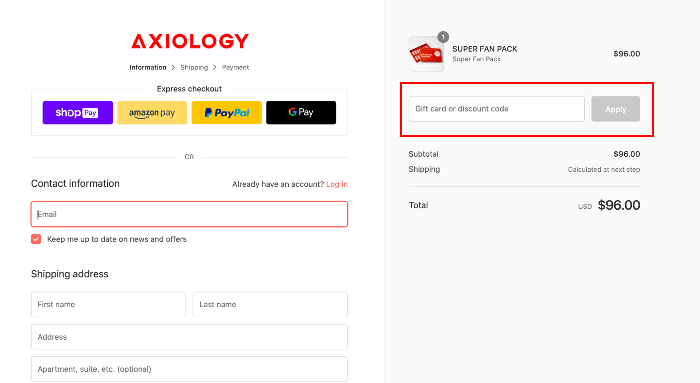 checkout page to apply axiology discount codes