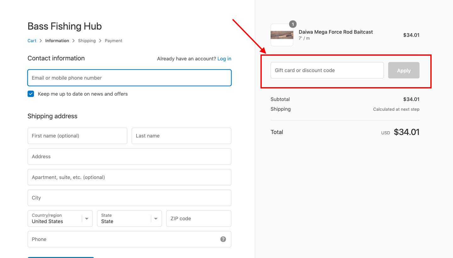 checkout page for Applying Bass Fishing Hub Discount Codes