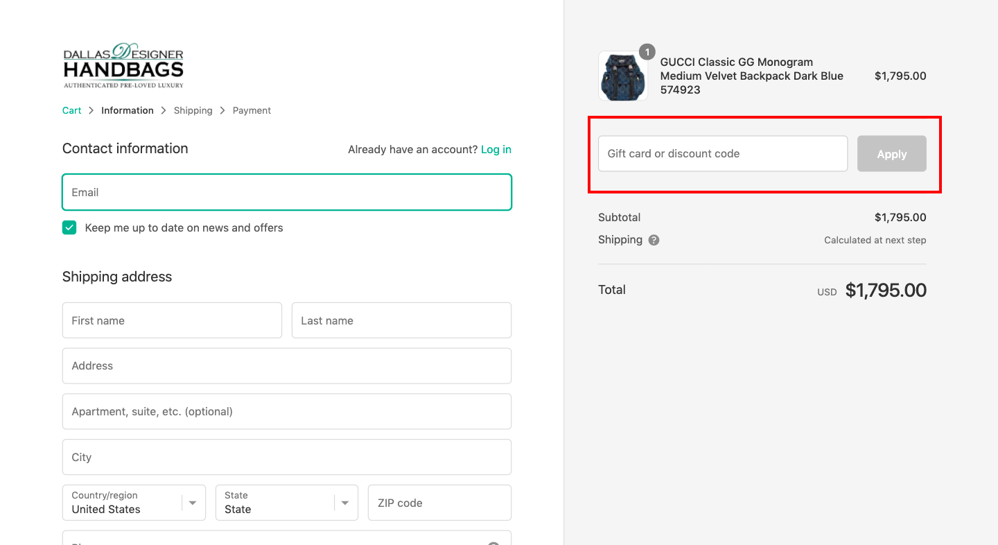 checkout page for Applying Dallas Designer Handbags Discount Codes