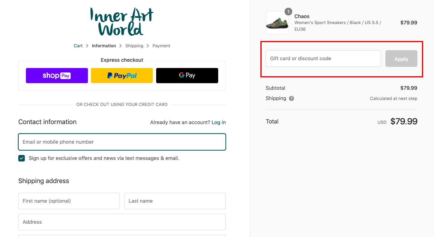 checkout page for Applying Inner Art World Discount Codes