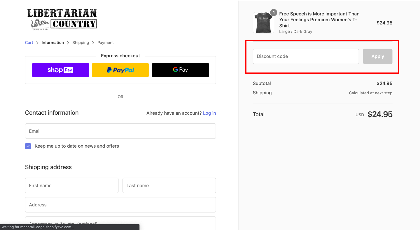 checkout page to Apply Libertarian Country Discount Codes
