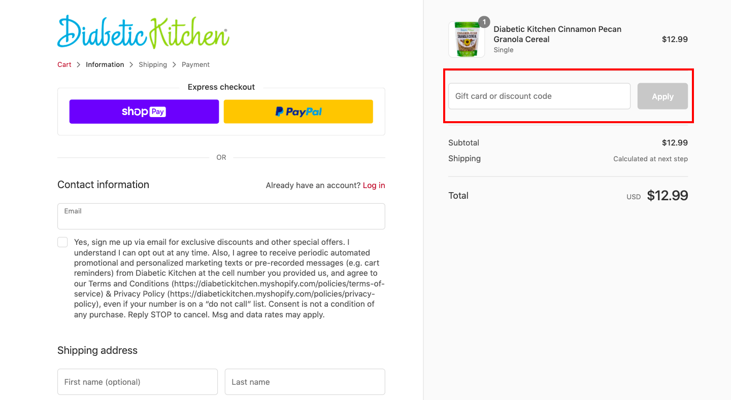 checkout page to Apply Diabetic Kitchen Discount Codes