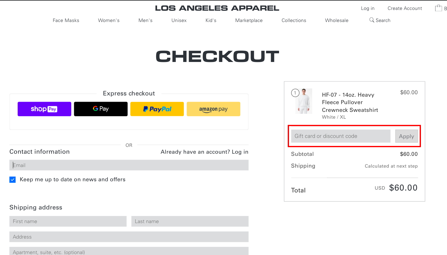 checkout page to Apply Los Angeles Apparel Discount Codes