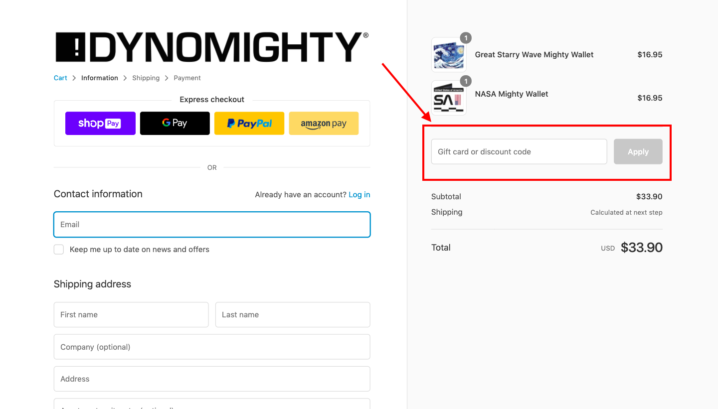 checkout page to apply mighty wallet discount codes