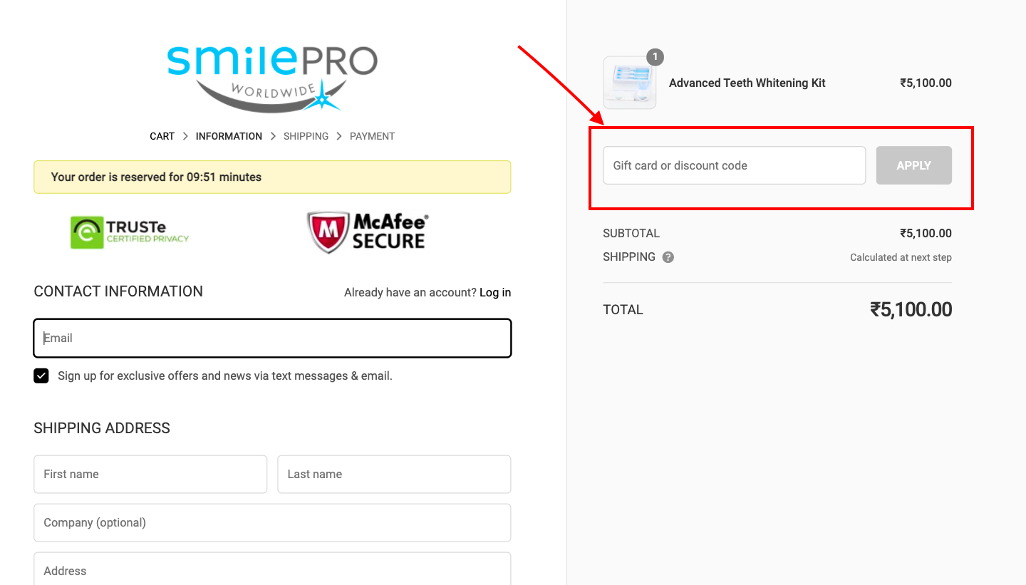 checkout page to Apply SmilePro Worldwide Discount Codes