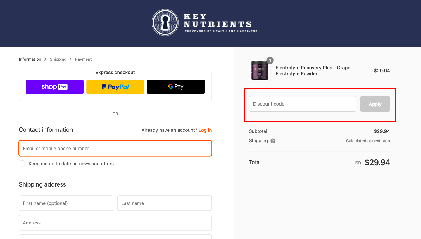 checkout page to Apply Key Nutrients Discount Codes?