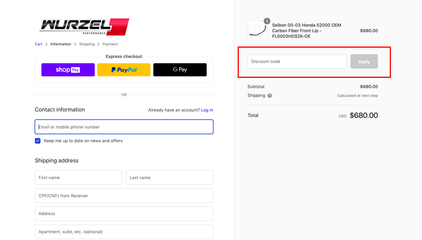 checkout page to Apply Wurzel Performance Discount Codes
