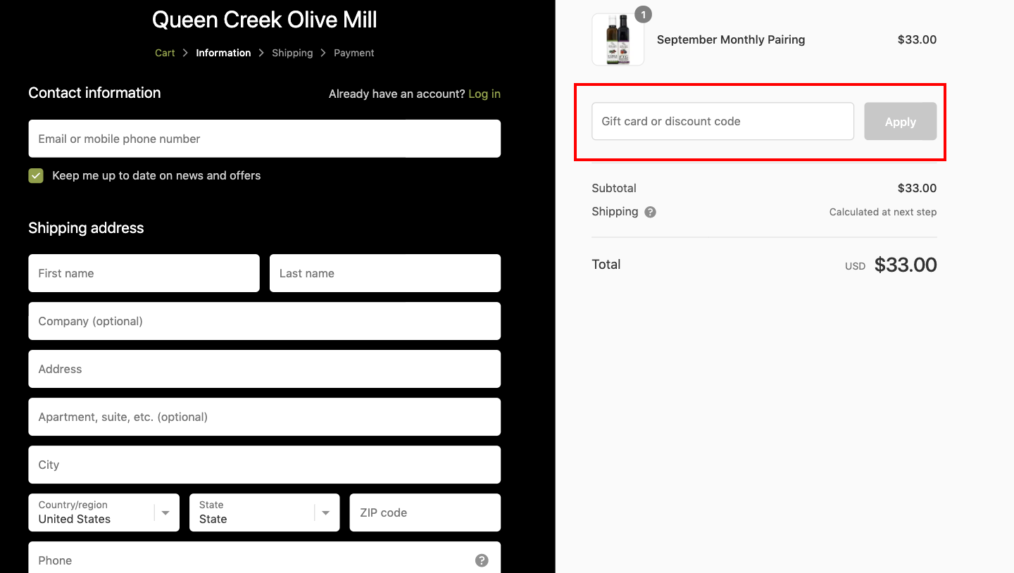 checkout page to Apply Queen Creek Olive Mill Discount Codes